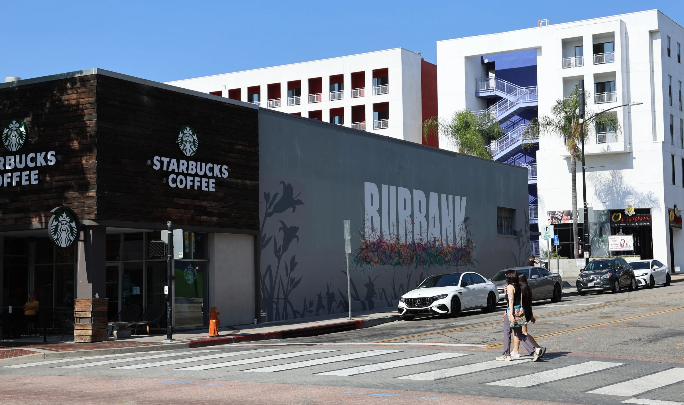 Large Burbank mural on a wall beside a Starbucks in downtown Burbank
